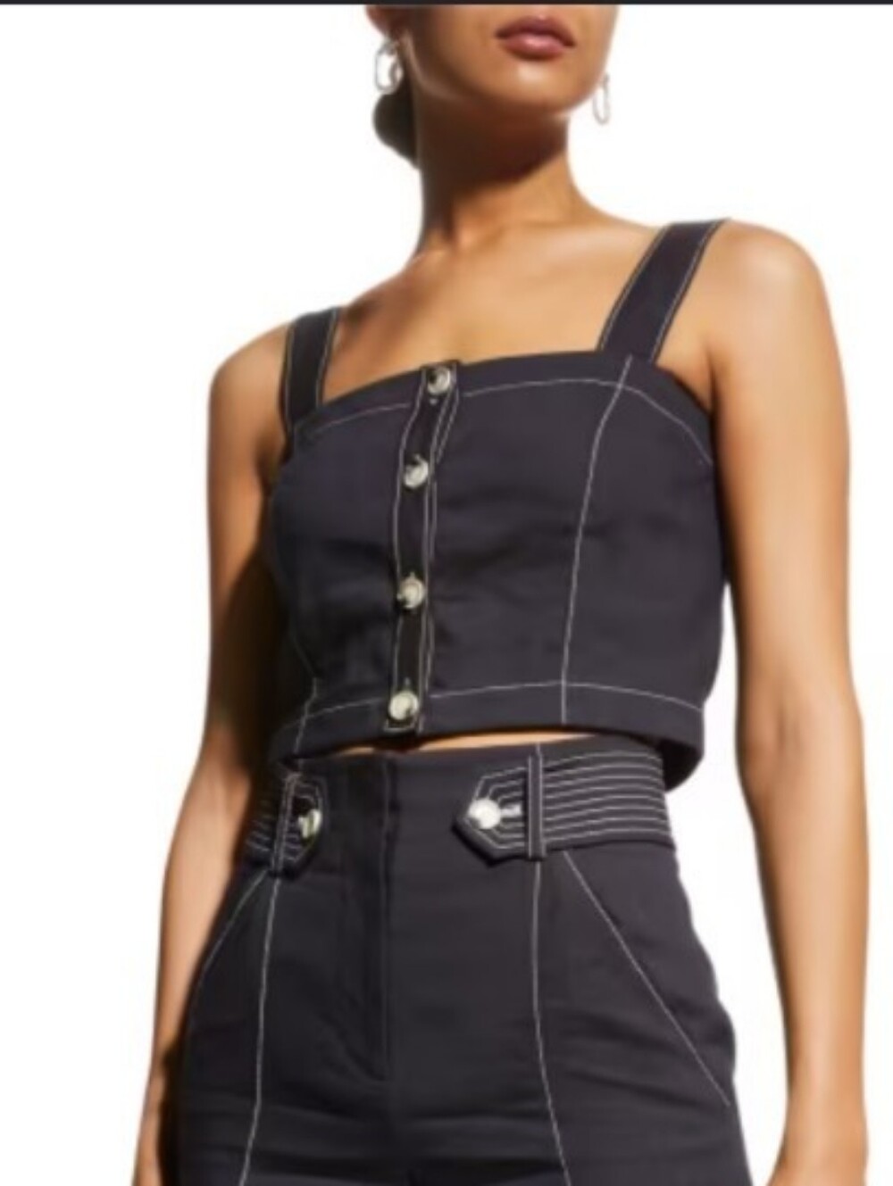 Veronica Beard Tiffany Linen Button Front Crop Top Navy Large NWT